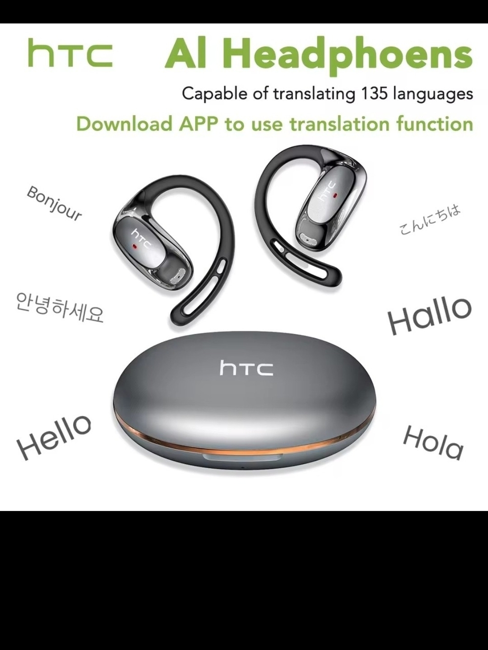 HTC AI Headphones Wireless Earbuds and Charging Case in Gray and Black